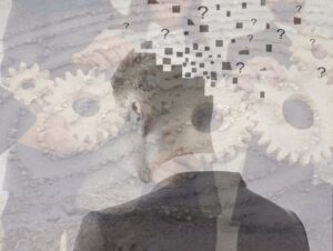 Illustration de l'article sur le libre choix et l'autonomie psychologique, l'image représente un homme qui se questionne, enfermé dans un engrenage tenu par d'autres gens.