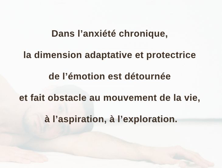 Dans l’anxiété chronique, la dimension adaptative et protectrice de l’émotion est détournée et fait obstacle au mouvement de la vie, à l’aspiration, à l’exploration.