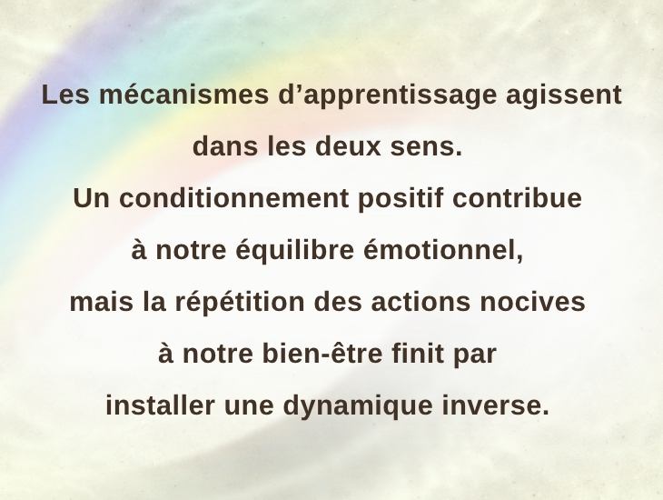 Les mécanismes d’apprentissage agissent dans les deux sens. Un conditionnement positif contribue à notre équilibre émotionnel, mais la répétition des actions nocives à notre bien-être finit par installer une dynamique inverse.
